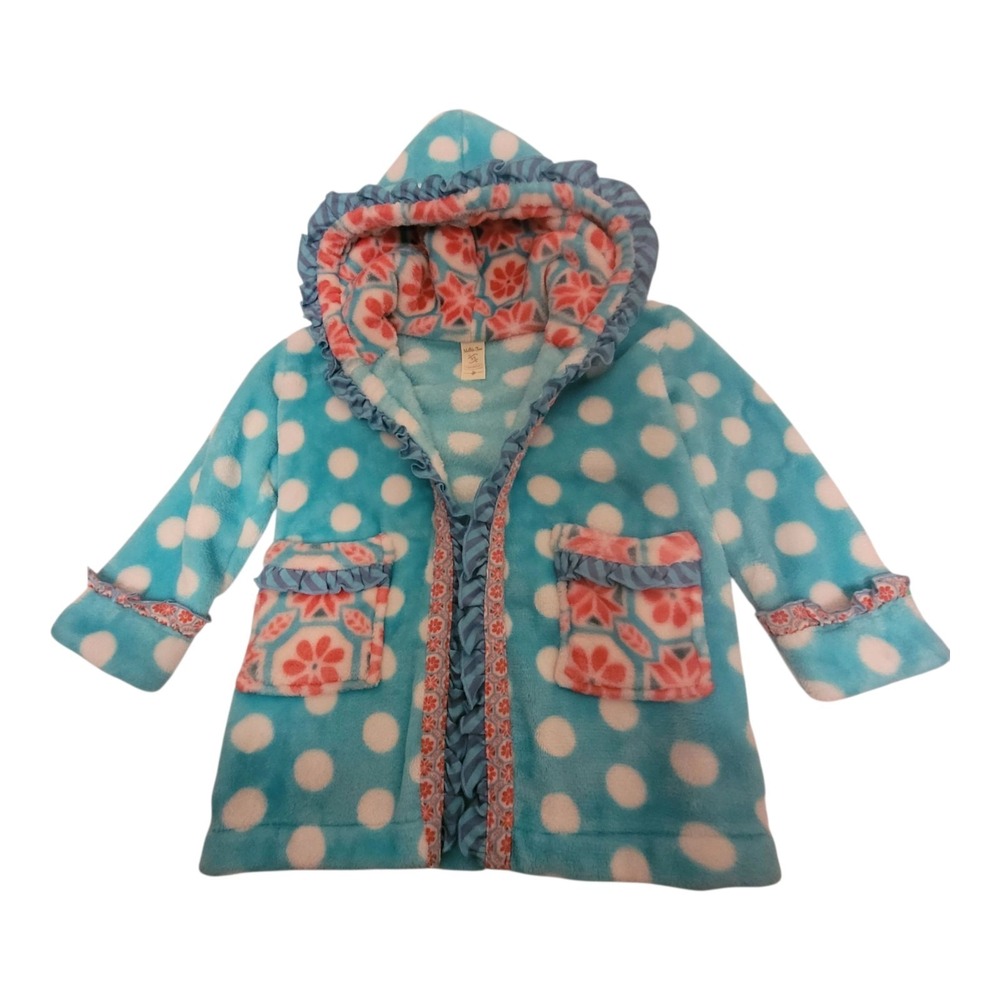 Matilda Jane Youth Girls SZ XS Aqua/Pk Polka Dot Hooded Belted Bath Robe No Sash